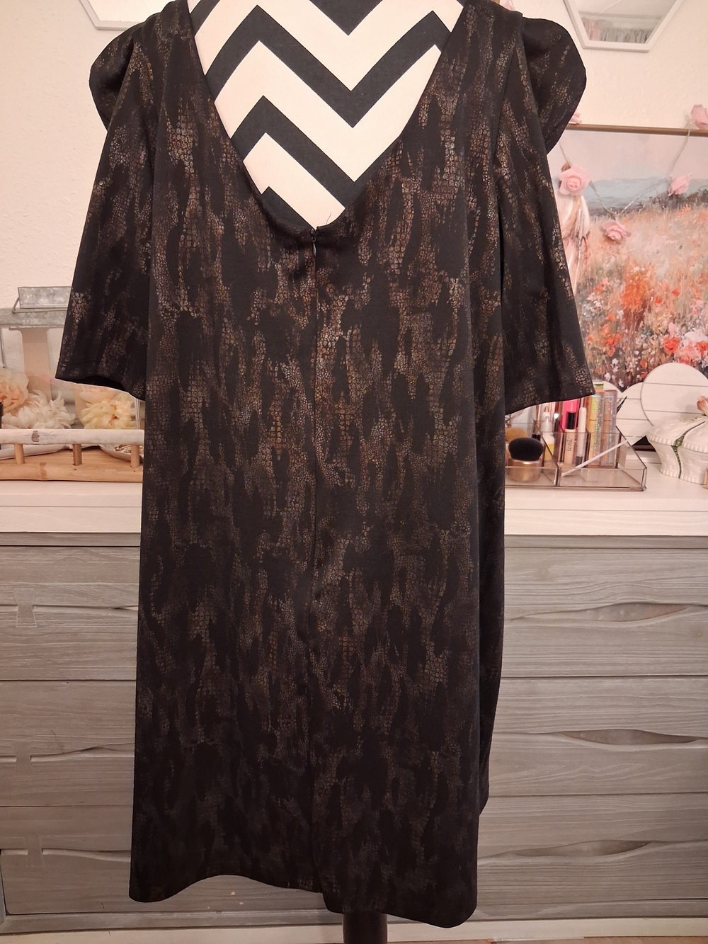 Ashley Stewart Black Top with Bronze Metallic Pattern V-Neck